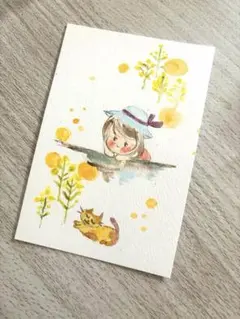 水彩画 女の子と猫のポストカード