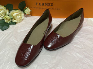 新品レア可愛い♪☆HERMESエルメス本革エナメルパンプスローヒールチャンキーヒール36 1/2 36.5 22.5～23cm☆えんじ色赤色本物早い者勝ち！