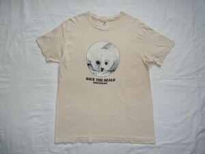 ☆ 70s USA製 ビンテージ GREENPEACE 国際環境NGOグリーンピース SAVE THE SEALS アザラシ Tシャツ sizeL ベージュ ☆古着 アニマル 80s