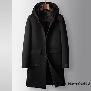 16万 最上級*ダウンコート フード付き セレブ*WOOL ビジネスコート 裏フリース 冬新品 厚手 防寒 紳士服 超希少 ロングコート ブラック 2XL