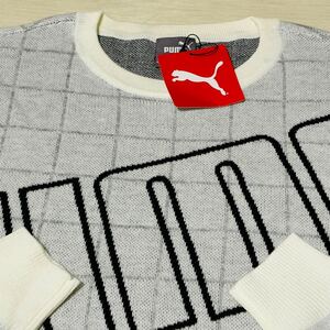 新品★プーマ ゴルフ PUMA GOLF ビッグロゴ×チェック 保温 クルーネック ニット セーター★ホワイト★サイズM★送料185円