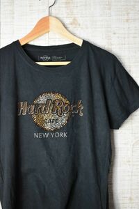 ☆US古着 Hard Rock ハードロック ロゴ ビジュー デザイン Tシャツ ブラック黒 レディース【L】コットン　　　　　◆2491◆