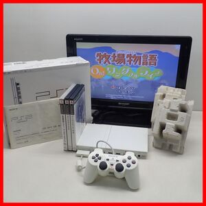 動作品 PS2 プレステ2 薄型 本体 SCPH-75000 セラミック・ホワイト + 牧場物語 Oh! ワンダフルライフ 等 ソフト3本 セット SONY 箱説付【20