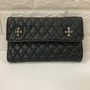 １円〜 クロムハーツ CHROME HEARTS ウェーブウォレット キルティング 三つ折り長財布 シルバー金具 小銭入れあり 美品 希少