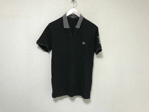 本物バーバリーブラックレーベルBURBERRY BLACK LABELコットンロゴ刺繍半袖ポロシャツメンズサーフアメカジビジネススーツゴルフ黒2M日本製