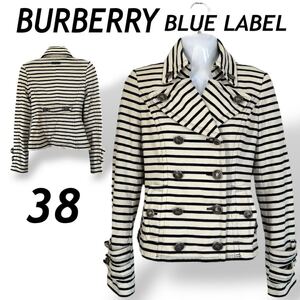 BURBERRY BLUE LABEL レディース テーラードジャケット 38 綿 ロゴボタン FC507-273-02 三陽商会 ボーダー ネイビー×アイボリー (A38)★