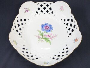 希少品・美品【Meissen マイセン】透かしボウル 23cm ベーシックフラワー フラワーブーケ 2つ花 二つ花 バスケット プレート 491g