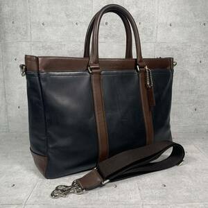 【1円】美品 COACH F70916 メトロポリタン2way ビジネストート ブリーフケース ネイビー ブラウン 大容量 A4収納