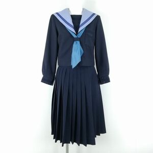 1円 セーラー服 スカート スカーフ 上下3点セット 冬物 青3本線 女子 学生服 中学 高校 紺 制服 中古 ランクC EY0171