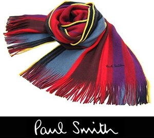 1円～訳あり ポールスミス Paul Smith マフラー フリンジ マルチストライプ レッド (64) 定価19440円 新品*