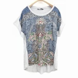 デシグアル Desigual 美品 カットソー Tシャツ フレンチスリーブ 総柄 ビジュー グレー L レディース