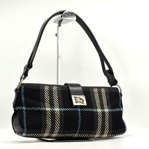 希少！ウール素材●BURBERRY バーバリー ホースロゴ SVプレート アクセサリーポーチ ワンショルダーバッグ ハンドバッグ ノバチェック 1円