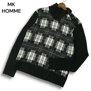 MK HOMME ミッシェルクラン オム 秋冬★ ハイネック セーター チェック柄 ニット リブ編み ブラック Sz.46 メンズ　A4T11417_A#K