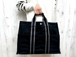 極美品 HERMES エルメス フールトゥMM トートバッグ ハンドバッグ バッグ キャンバス 黒×グレー A4収納可 メンズ 77838