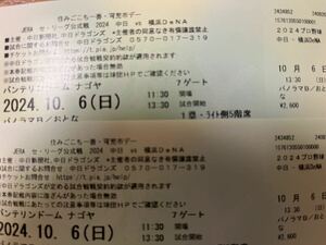 10月6日 中日×DeNA戦 2枚 バンテリンドーム最終戦「昇竜ユニホーム付き」