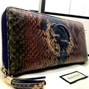 定価35万/付属品完備/極美品●GUCCI グッチ メンズ 長財布 ラウンドファスナー ソーホー インターロッキングGG パイソン レザー オレンジ系