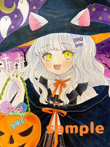 手描きイラスト オリジナル 女の子 コピック 原画 アナログ かわいい 猫耳 魔女 ハロウィン A4サイズ illustration