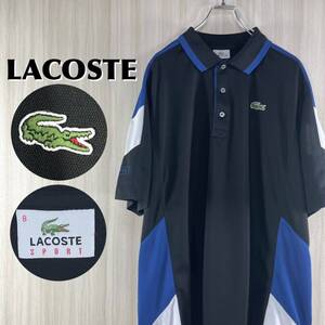 【ビッグサイズ】LACOSTE ラコステ スポーツ ワニ ロゴボタン スリーブロゴ 半袖ポロシャツ サイズ8 切替デザイン ブラック 3XL相当 古着