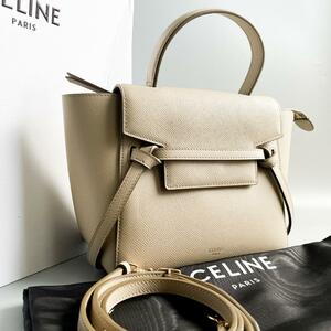 極美品・希少モデル CELINE セリーヌ ベルトバッグ マイクロ ハンドバッグ ショルダーバッグ 2way グレージュ レザー