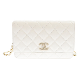 CHANEL シャネル 23AW ラインストーンココマーク キャビアスキン マトラッセ レザー チェーンウォレット ホワイト AP3395