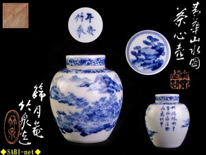 ◆SABI◆ 二世 三浦 竹泉 造 青華 山水図 茶心壷 在銘 共箱 共布 ◆ 煎茶 篩月庵 有聲居 茶壷 茶入 茶器 霊芝 人物 漢詩 秀作