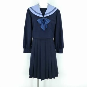 1円 セーラー服 スカート リボン 上下3点セット 冬物 青3本線 女子 学生服 中学 高校 紺 制服 中古 ランクC EY0026