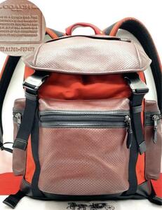 【鑑定済み/希少色 】コーチ COACH リュック バックパック デイパック パンチング レザー 巾着型 大容量 レッド A4可能