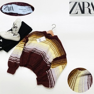 未使用品 /M/ ZARA ワイン 長袖ボーダーニットセーター レディース タグ カジュアルレジャートップス フェミニン 大人可愛い デイリー ザラ