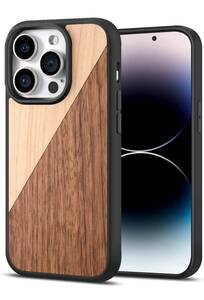 JUBECO iPhone 14 Pro Maxケース 木製 ワイヤレス充電対応 スリム軽量 ソフトバンパー おしゃれ エレガントな外観 (Walnut & Maple)　K94