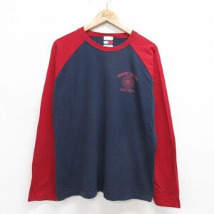 XL/古着 トミーヒルフィガー 長袖 ブランド Tシャツ メンズ 90s 大きいサイズ コットン ラグラン クルーネック 紺他 ネイビー 24jun03