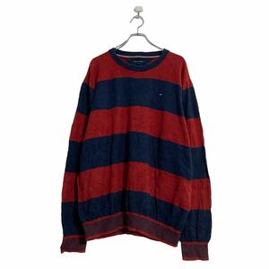 TOMMY HILFIGER コットン ニット セーター 2XL ボーダー レッド ネイビー トミーヒルフィガー ビッグサイズ 古着卸 アメリカ仕入 a603-5782