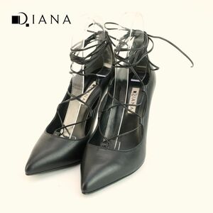 DIANA ダイアナ 24.0 パンプス ヒール ポインテッドトゥ レースアップ レザー 黒 ブラック/PC143