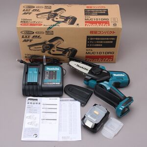 良品 makita 充電式チェンソー MUC101DRG 動作確認済 バッテリ/充電器付 18V 8.0m/s 100mm 残容量表示 小型 軽量 電動 #100※A784/a.e