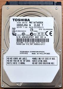 TOSHIBA MK1676GSX [160GB 2.5インチ 9.5mm SATA HDD 使用時間 7193H (Cristal DiscInfo 正常) (管:KH425