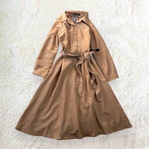 未使用タグ付き【MANON CLOSET】マノンクローゼット ロング フレア シャツワンピース 長袖 半袖 2way ベルト付き ブラウン Rstore46085