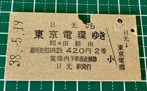 国鉄 硬券 日光から東京電環ゆき 2等 420円 昭和38年