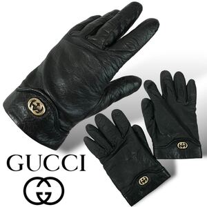 t84 GUCCI グッチ レザー グローブ 革手袋 本革 ブラック 牛革 裏地カシミヤ100% イタリア製 183492 レディース 正規品 Vintage 