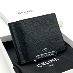 CELINE セリーヌ マネークリップ ビルクリップ 本革 黒 ブラック 現行ロゴ 二つ折り 札入れ メンズ ノワール コンパクト レディース