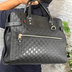 【美品】GUCCI グッチ メンズ ビジネスバッグ ブリーフケース 仕事鞄 シェリーライン GGシマ オールレザー 本革 A4◎ 大容量 ブラック 黒