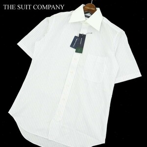 新品 未使用★ THE SUIT COMPANY スーツカンパニー 半袖 ストライプ クレリック シャツ ワイシャツ Sz.S メンズ 白 ビジカジ　A3T07664_6#A