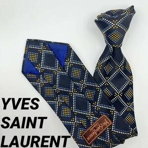 極美品　イヴ・サンローラン　Yves Saint Laurent　ネイビー　パターン柄　総柄　ネクタイ　シルク　高級