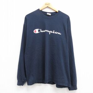 XL/古着 チャンピオン champion 長袖 ビンテージ Tシャツ メンズ 00s ビッグロゴ 大きいサイズ クルーネック 紺 ネイビー 23