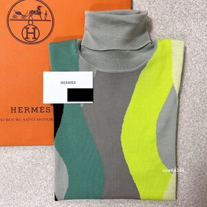 国内正規品 23SS極美品 S Hermes エルメス タートルネック 半袖 ニット セーター ウェーブデザイン カシミヤ/シルク　グレー×mixカラー