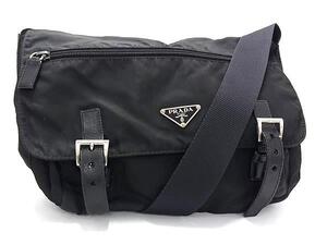 1円 ■美品■ PRADA プラダ テスートナイロン×レザー クロスボディ ショルダーバッグ 斜め掛け レディース メンズ ブラック系 FJ2680