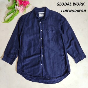 GLOBAL WORK 麻&レーヨン 長袖シャツ ダークネイビー S フレンチリネン 68103