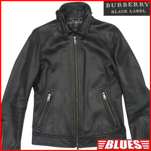 即決★Burberry black label★廃盤 メンズ M レザーライダースジャケット バーバリーブラックレーベル 黒 チンストラップ 本革 シングル