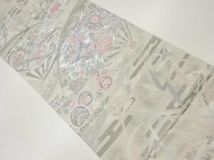 ys6944116; 宗sou 九百錦プラチナ箔扇に花々・和楽器模様織出し袋帯【着】