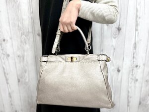 極美品 FENDI selleria フェンディ セレリア ピーカブー ハンドバッグ ショルダーバッグ バッグ レザー メタリック ベージュ系 2WAY 79790