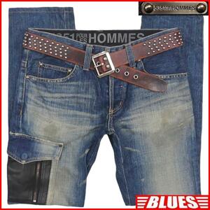 即決★5351 POUR LES HOMMES★W30位 ジーンズ デニム 5351プールオム メンズ 39 スリム レザー切替 スキニー パンツ ボトムス テーパード