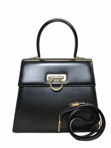 (D) Salvatore Ferragamo フェラガモ ガンチーニ レザー 2way ショルダーバッグ ブラック